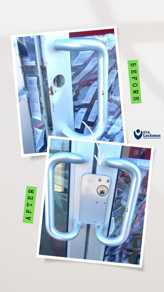 commercial Latch Guard Installation Before and after