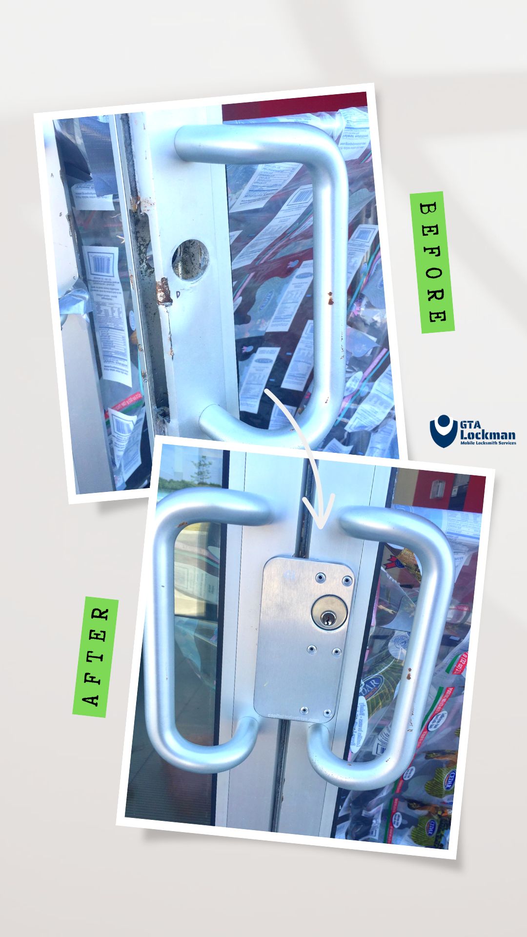 Before and after views of a repaired storefront door lock and handle