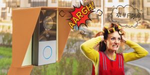 Woman yelling in frustration at a video doorbell, with comic-style expletive bubbles above her