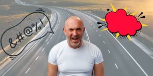 Man shouting on an empty highway with comic-style profanity bubbles