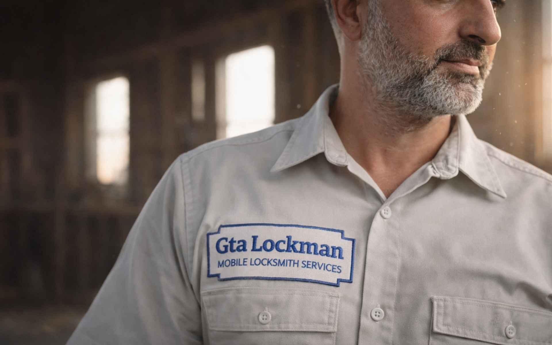 Close view of a technician wearing a GTA Lockman work shirt