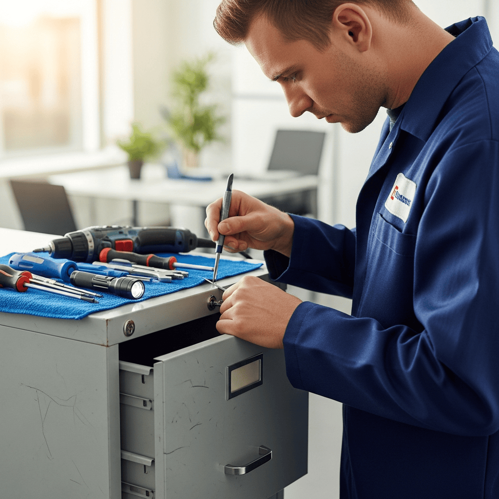Technician working on the lock of a metal filing cabinet