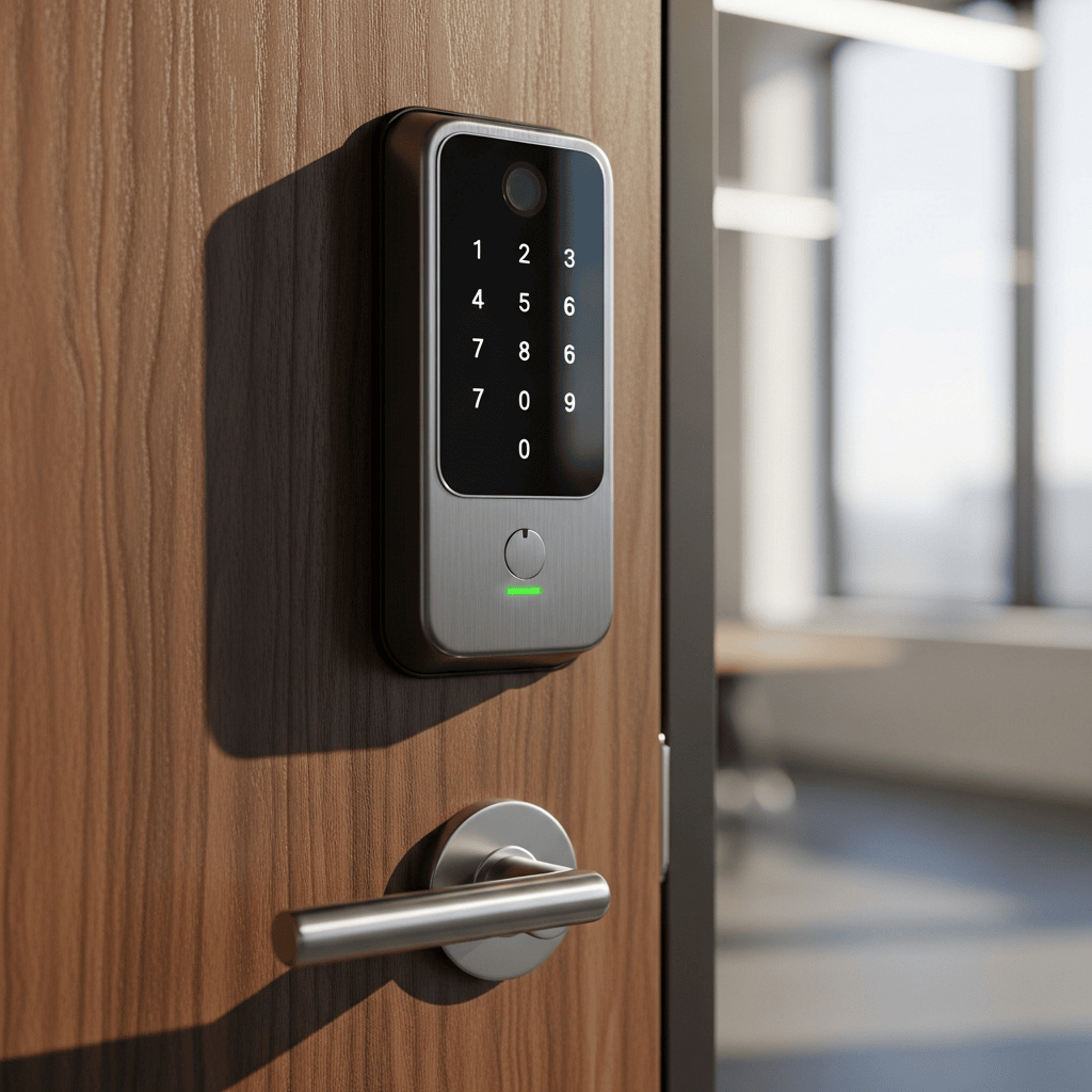 Smart door lock with keypad on a wooden door