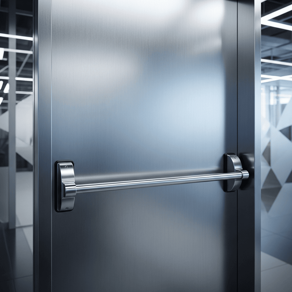 Panic bar fitted across a metal exit door