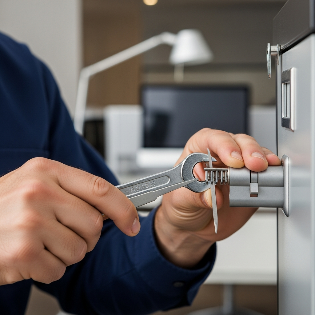 Hands holding a lock cylinder and key with a wrench