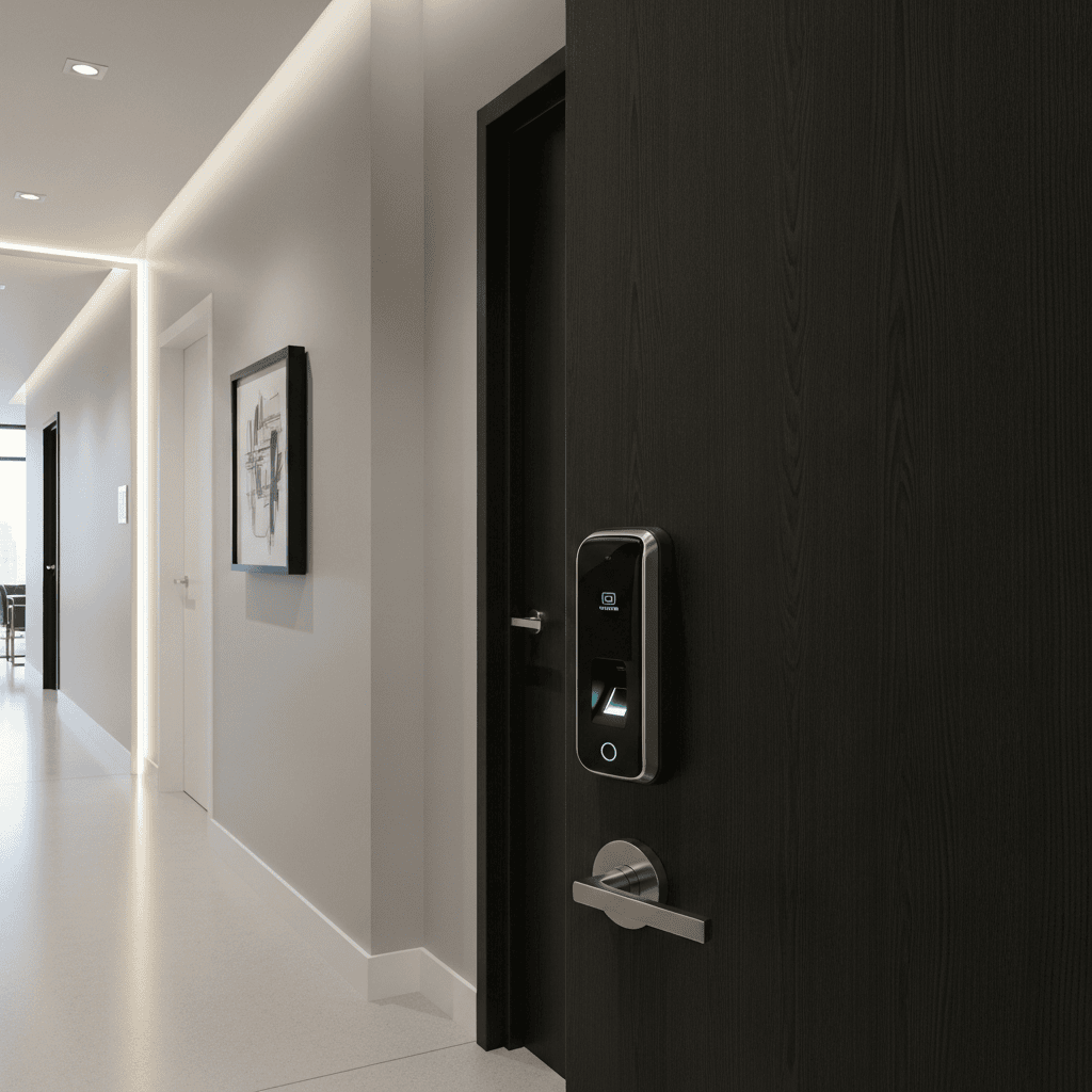 Dark door with an electronic lock and lever along a bright hallway