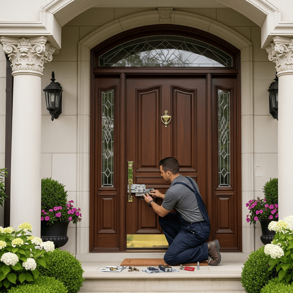 Technician kneeling at a wooden front door working on the lock