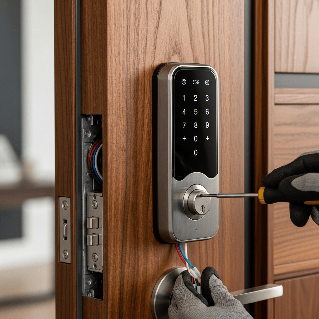 Keypad lock being fitted into a wooden door with a tool