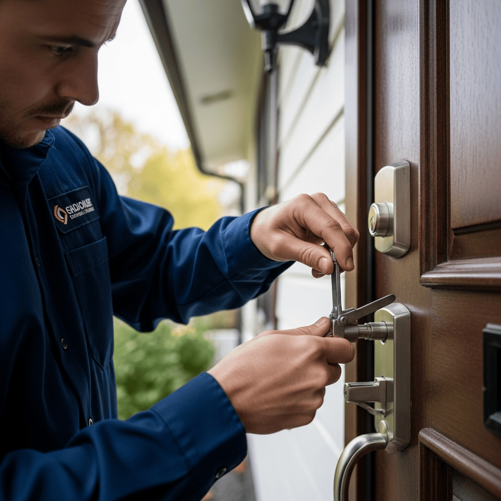 Technician in a work shirt fitting a lock into a door with hand tools