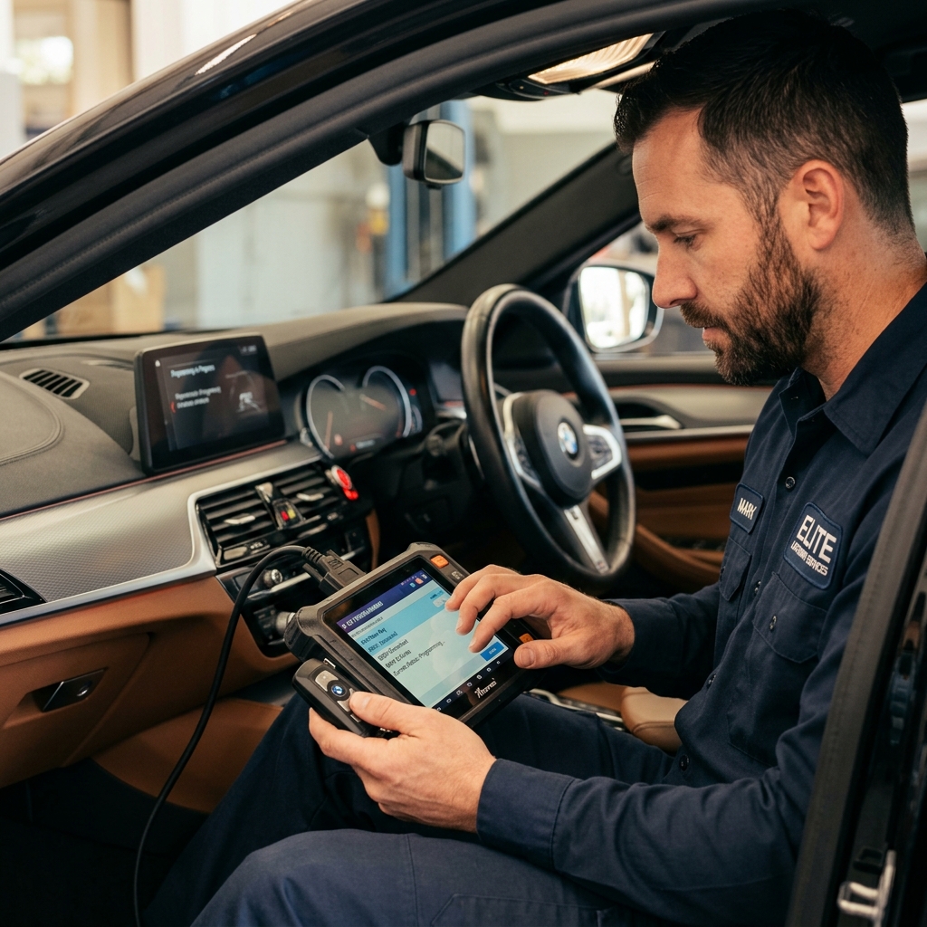 Automotive locksmith technician programming vehicle key