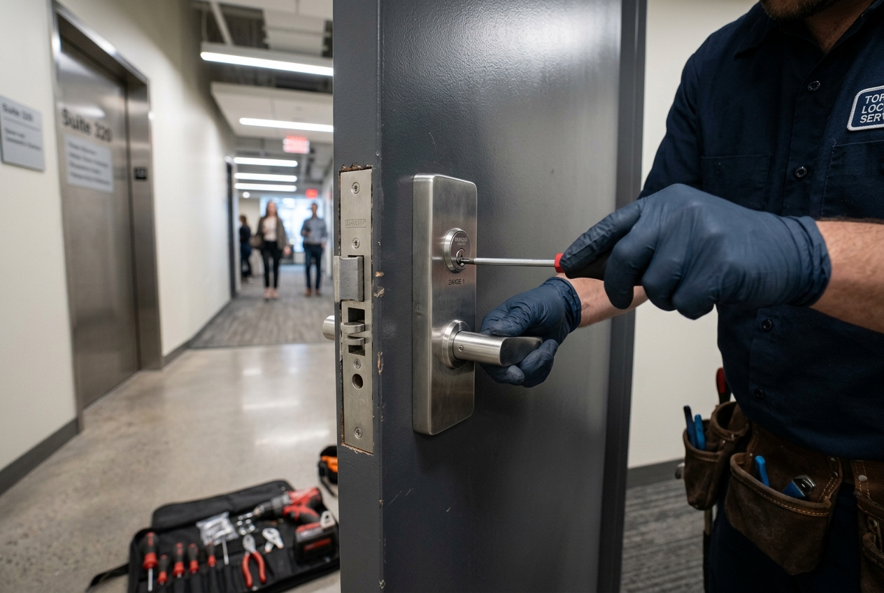 Mississauga locksmith technician installing door lock hardware