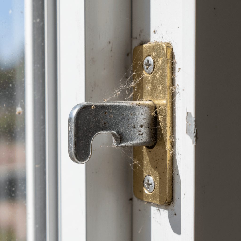 Metal latch on a window frame with cobwebs around the fitting
