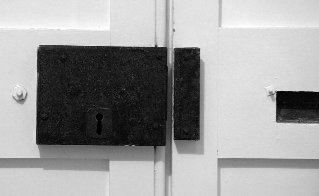 Black latch on a white storm door